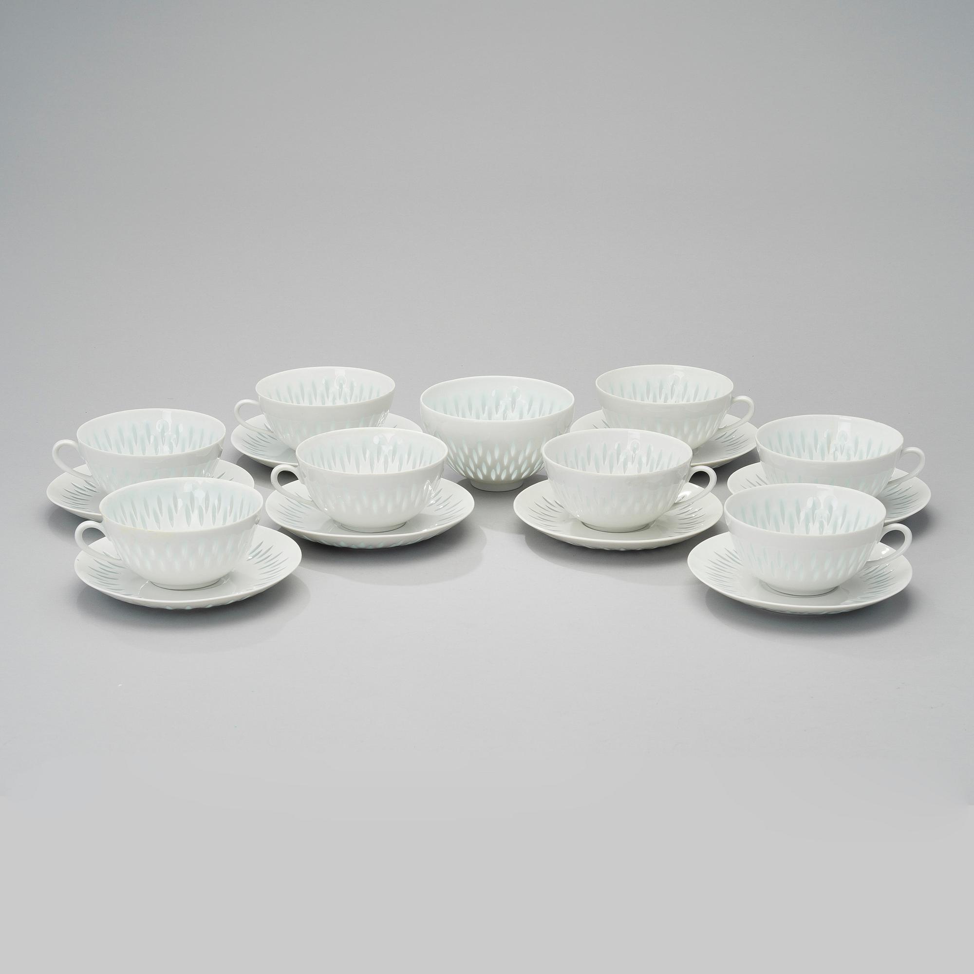 FRIEDL HOLZER-KJELLBERG, 8 TEA CUPS WITH SAUCERS, AND BOWL, rice grain porcelain, signed, Arabia.