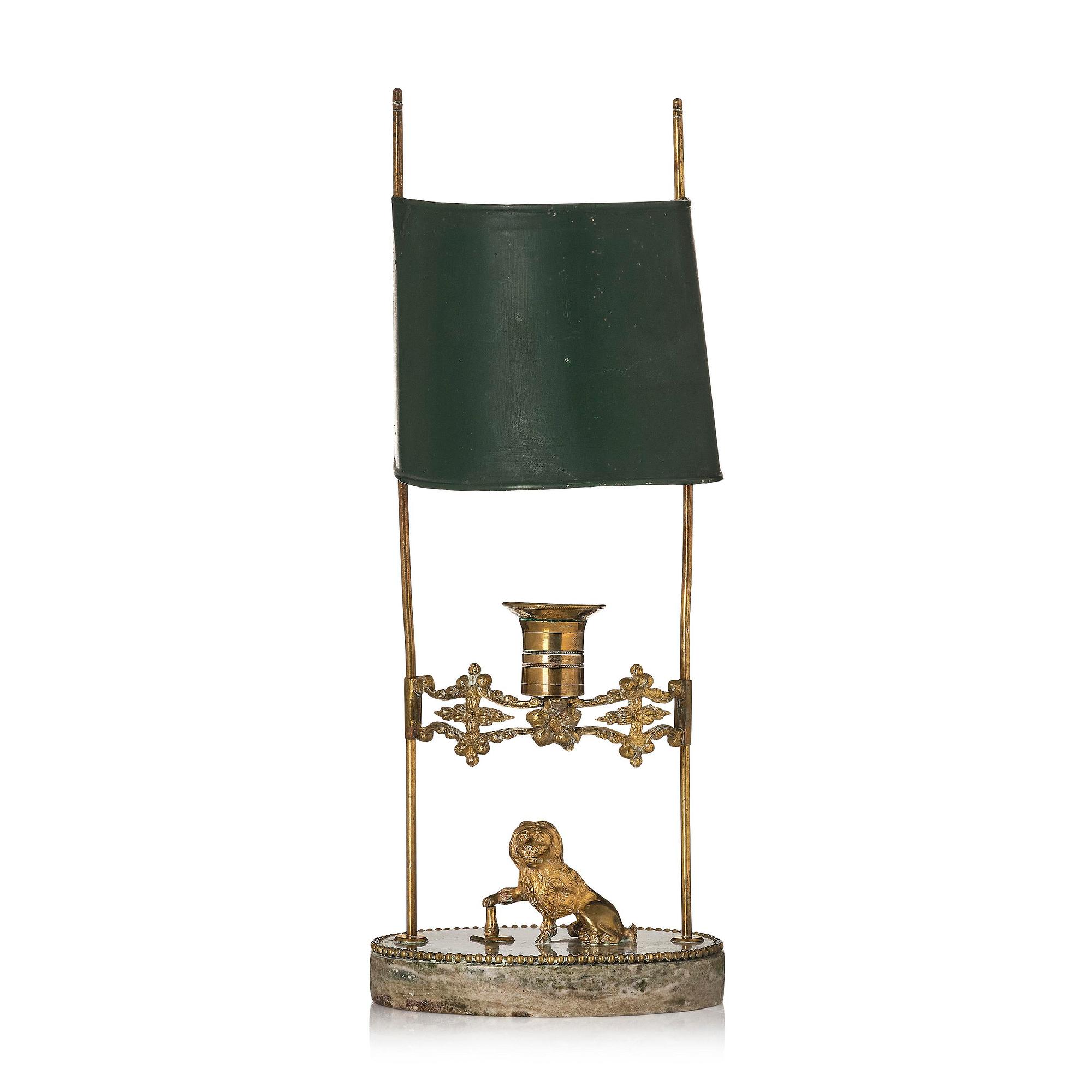 A Gustavian gilt brass and 'Kolmård' marbke one-light reading lamp, late 18th century.
