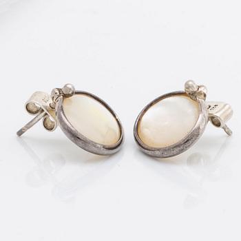 Vivianna Torun Bülow-Hübe bangle and earrings sterling silver, 1 moonstone and mother of pearl, signed Torun sterling.