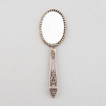 Goblet on foot, hand mirror, and box, silver.