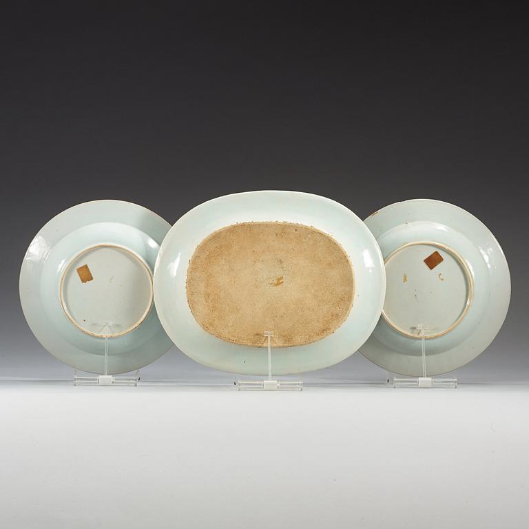 A famille rose serving dish and two soup plates, Qing dynasty, Qianlong (1736-95).