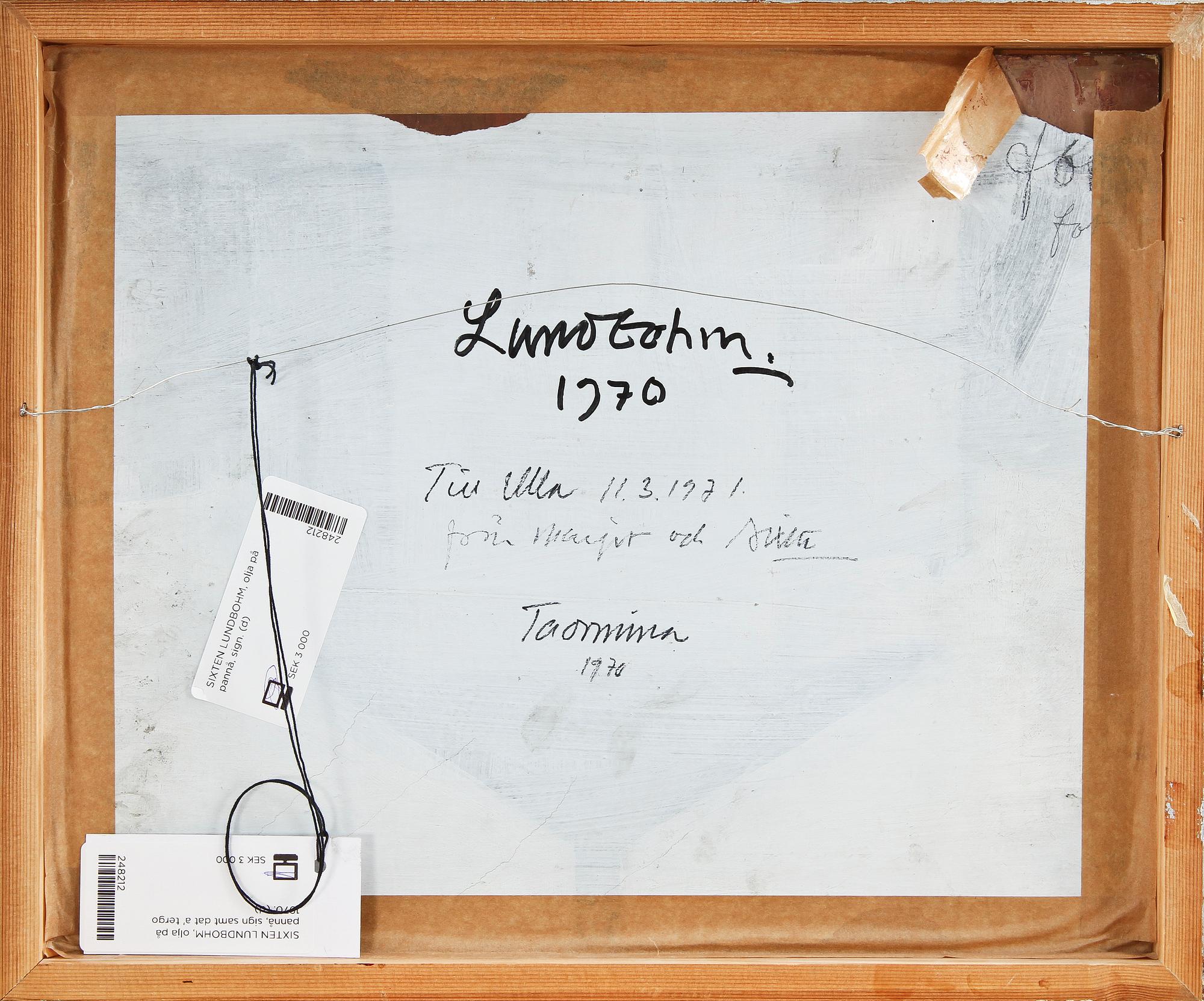 SIXTEN LUNDBOHM, olja på pannå, sign samt dat a tergo 1970.