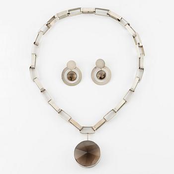 Necklace and earrings, silver with fantasy-cut smoky quartz, Piteå 1960s.