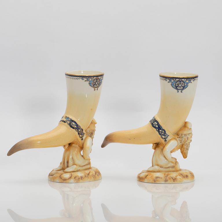 Drinking horns, a pair, porcelain, Rörstrand, circa 1900.