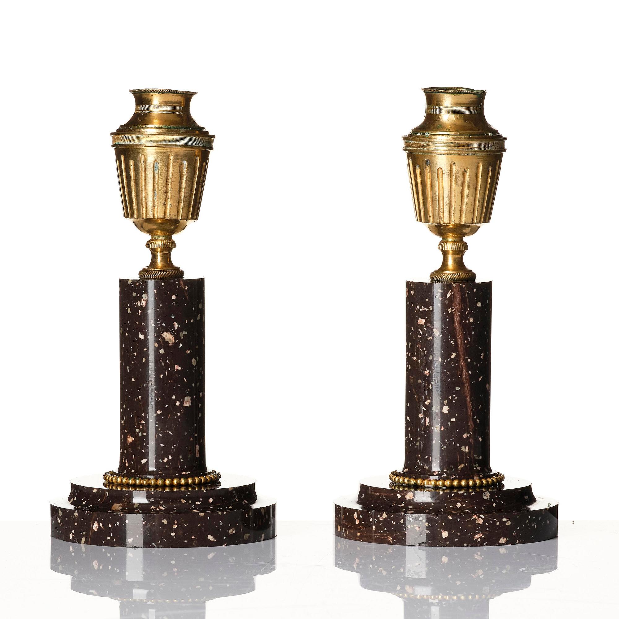 A pair of late Gustavian Swedish porphyry and ormolu cassolettes.