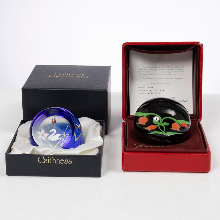 Baccarat, Caithness of Scotland, Murano, Lundberg Studios, five glass paper weights, signed.
