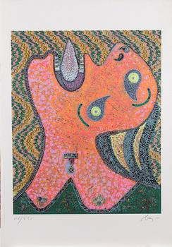 Enrico Baj · ENRICO BAJ. Färgserigrafi m applikationer, glitter. Sign Baj o nr 118/250.