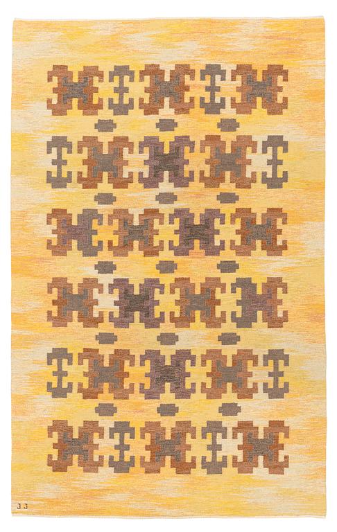 Judith Johansson, a carpet, 'Kastanjelöv' flat weave, c 309 x 195 cm, signed JJ.