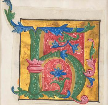67. An illuminated initial, presumanly from an Italian musical manuscript, later part 15th century.