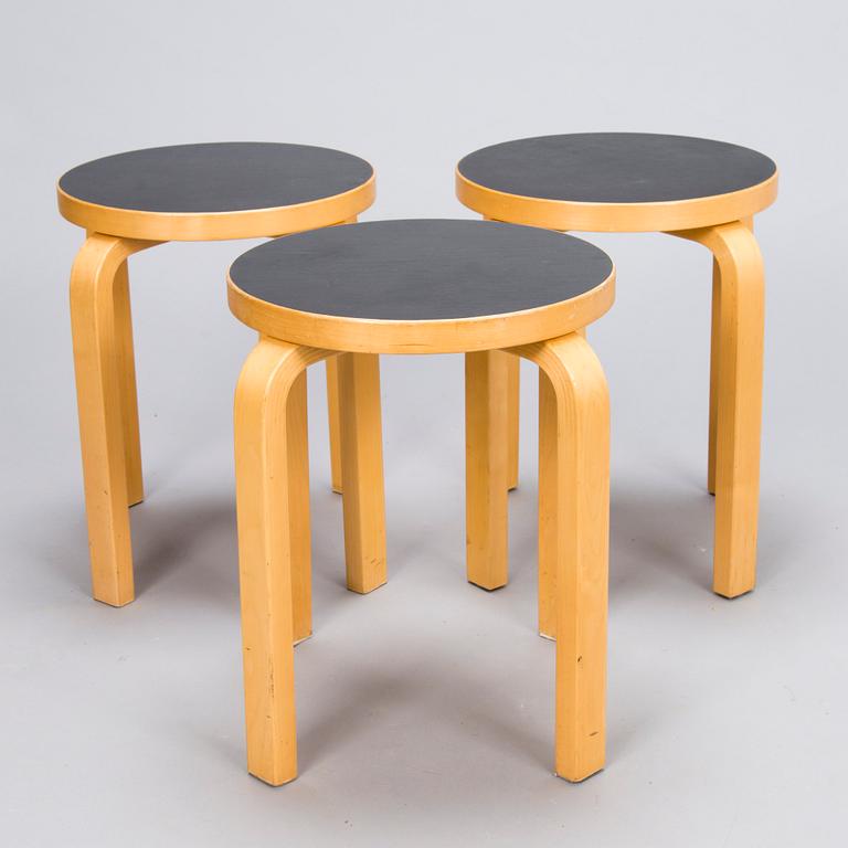 ALVAR AALTO Set of Three 1990s E60 Stools by Artek.