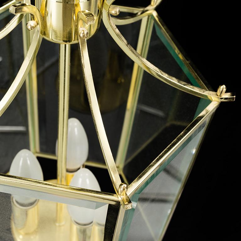 A 20th century brass hexagon hall ceiling lantern for three lights.