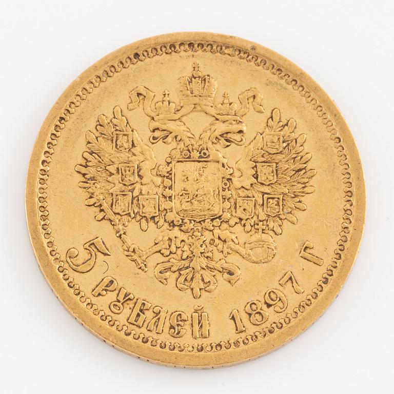 Gold coin, Russia, Nicholas II, 5 rubles 1897.