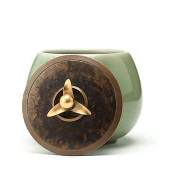 A Royal Copenhagen porcelain bowl with a patinated bronze cover, probably by Knud Andersen, Denmark 1957.