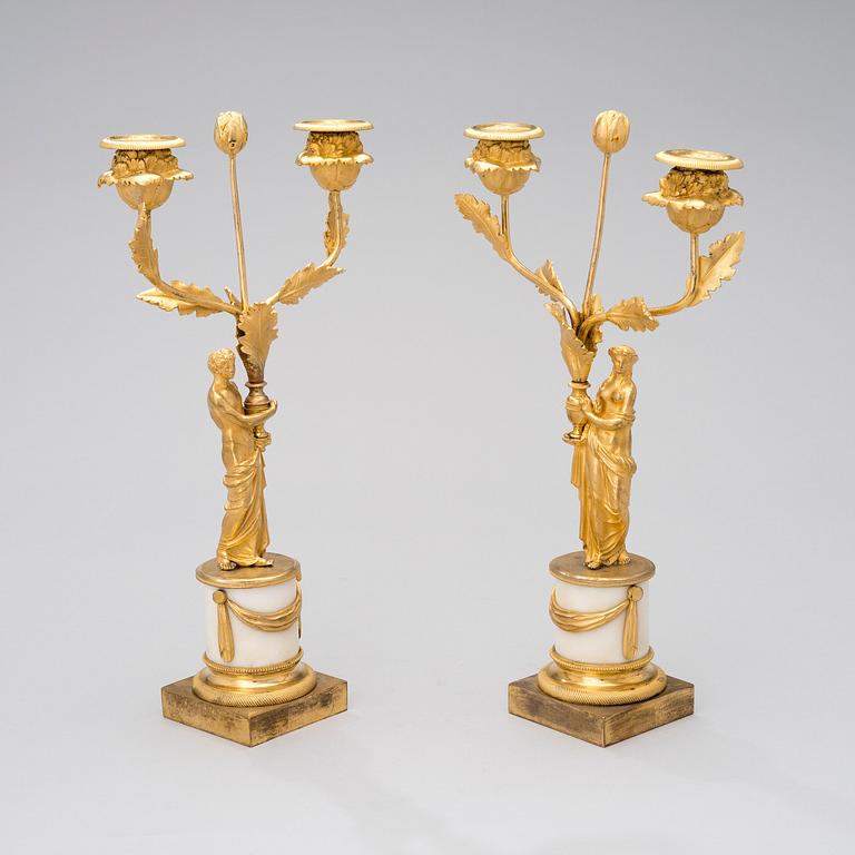 A PAIR OF LATE GUSTAVIAN CANDELABRAS, marble and gilt bronze, early 19th century.