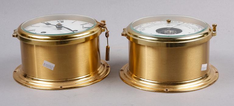 BAROMETER samt KLOCKA, mässing, Tyskland. 1900-tal.