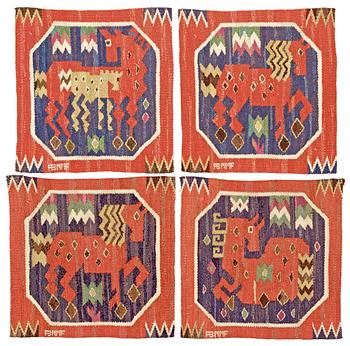 905. TEXTILES, 4 pieces. "Röd häst". Tapestry weave (Gobelängteknik). ca 39,5 x 39 cm each. Signed AB MMF.