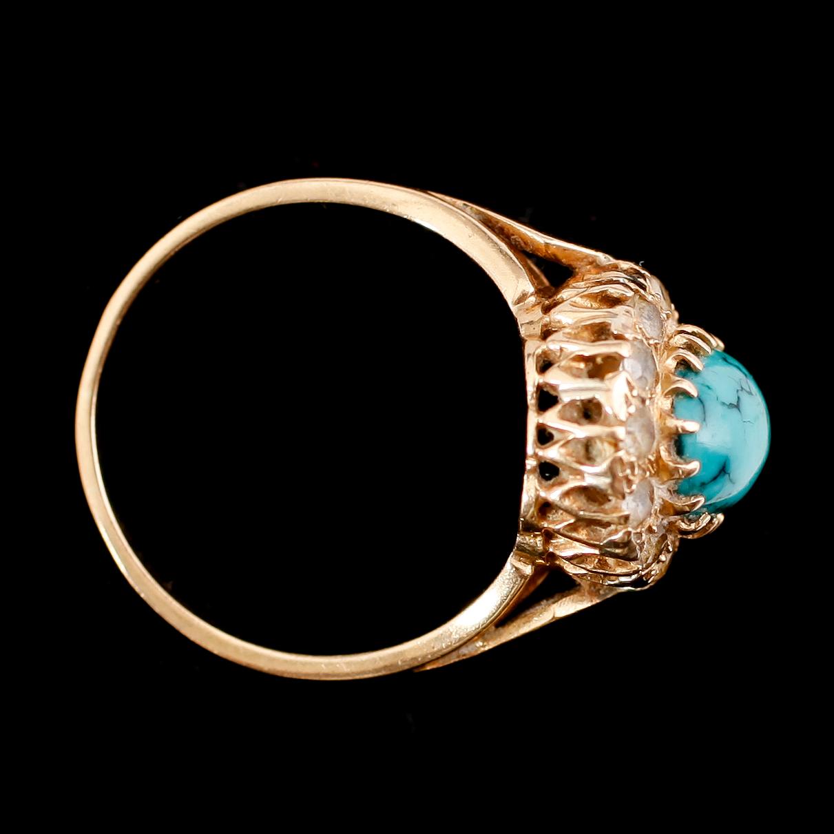 RING, 18 k guld, med turkos och vita stenar.