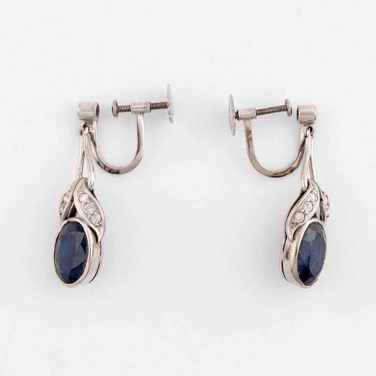 Sapphire and round brilliant cut diamond bracelet, ring and earrings.