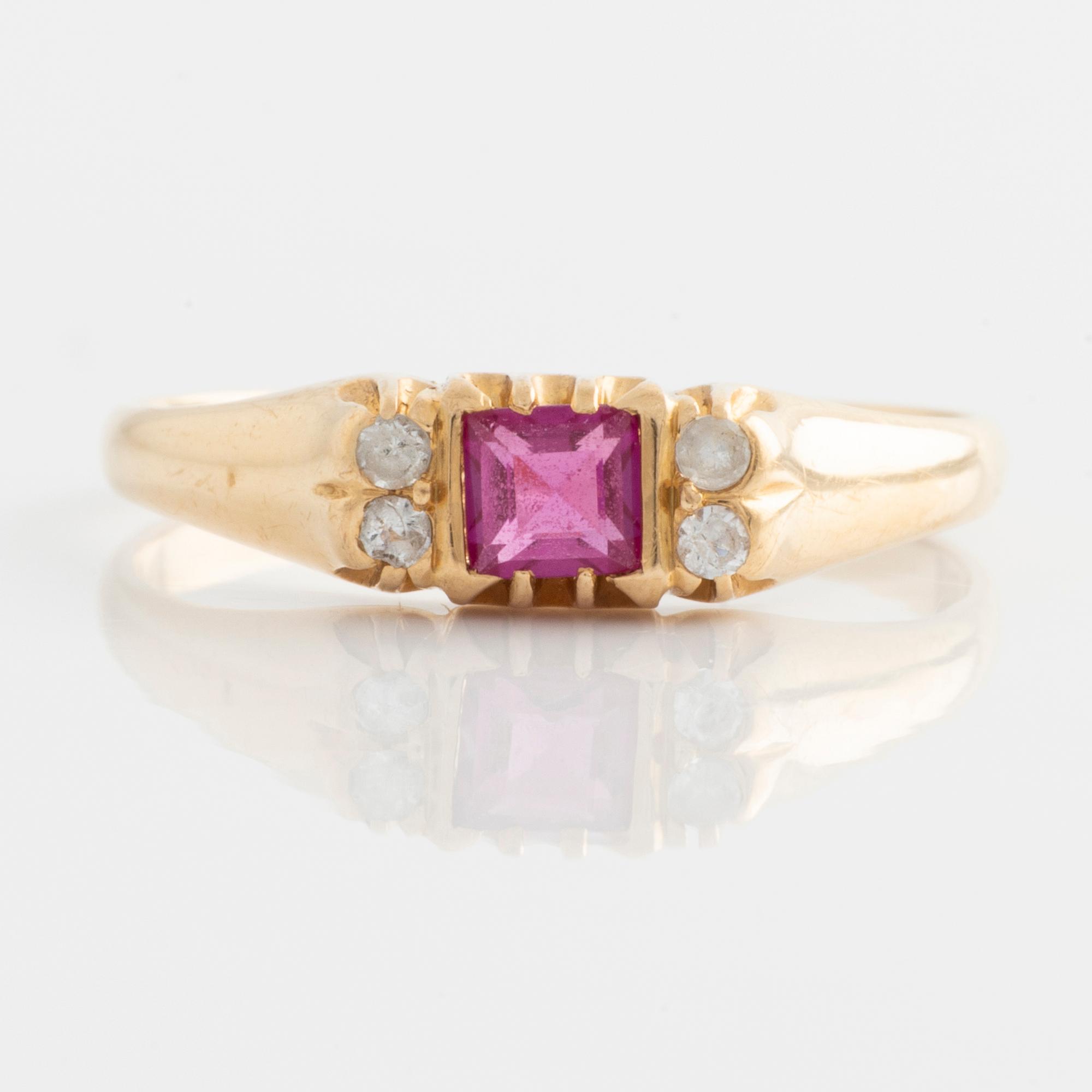 Ring, gold with synthetic pink stone and small white stones.