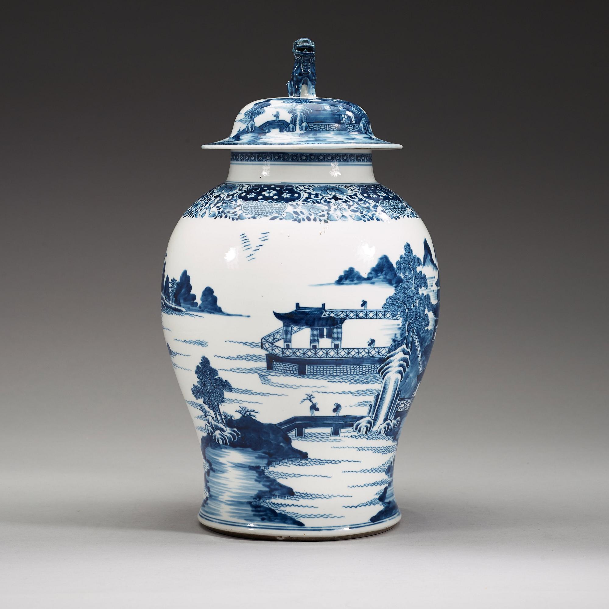 A blue and white jar with cover, Qing dynasty, Jiaqing (1796-1820).