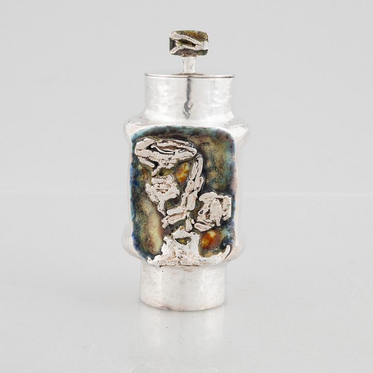 Lars Arby, dosa med lock, sterling silver och emalj, Göteborg 1978.
