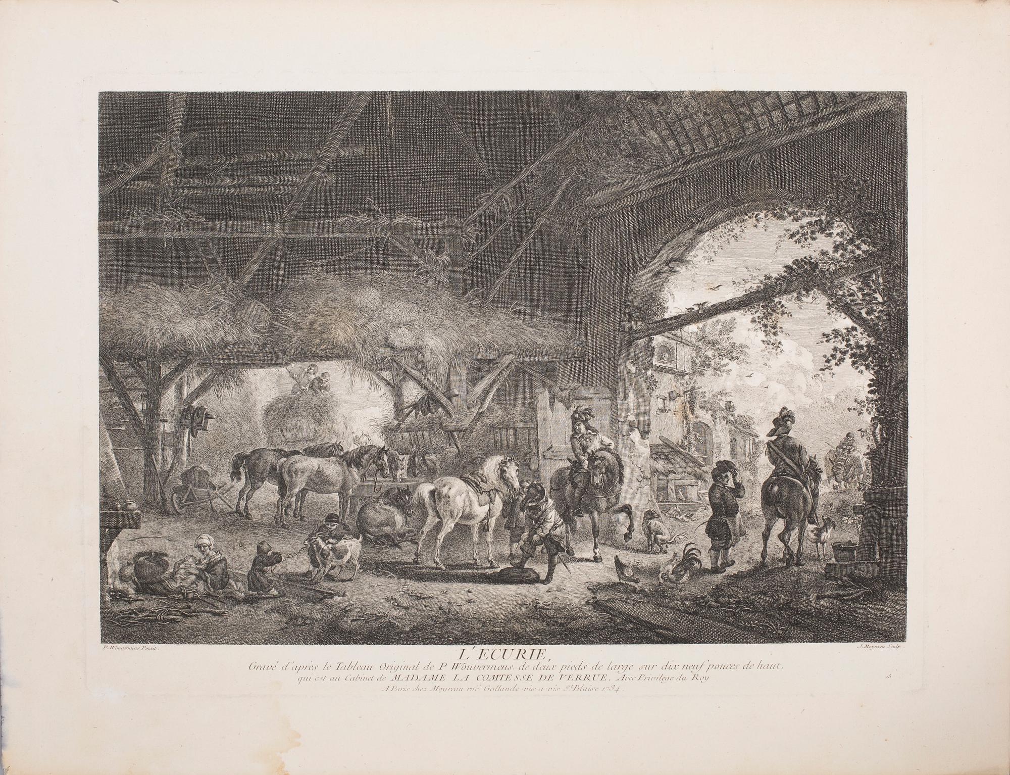 PHILIPS WOUWERMAN, after, six unframed coppar engravings, 18th century.