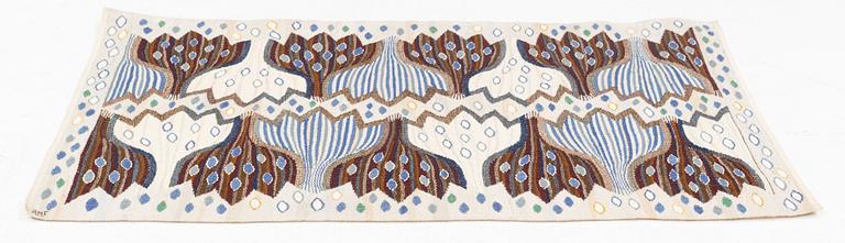 Ann-Mari Forsberg, a textile, "Blå crocus", a tapestry variant, ca 94,5 x 58 cm, signed AMF.
