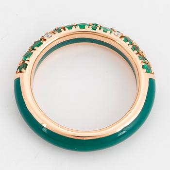 green enamel, gold and emerald and brilliant-cut diamond band ring.