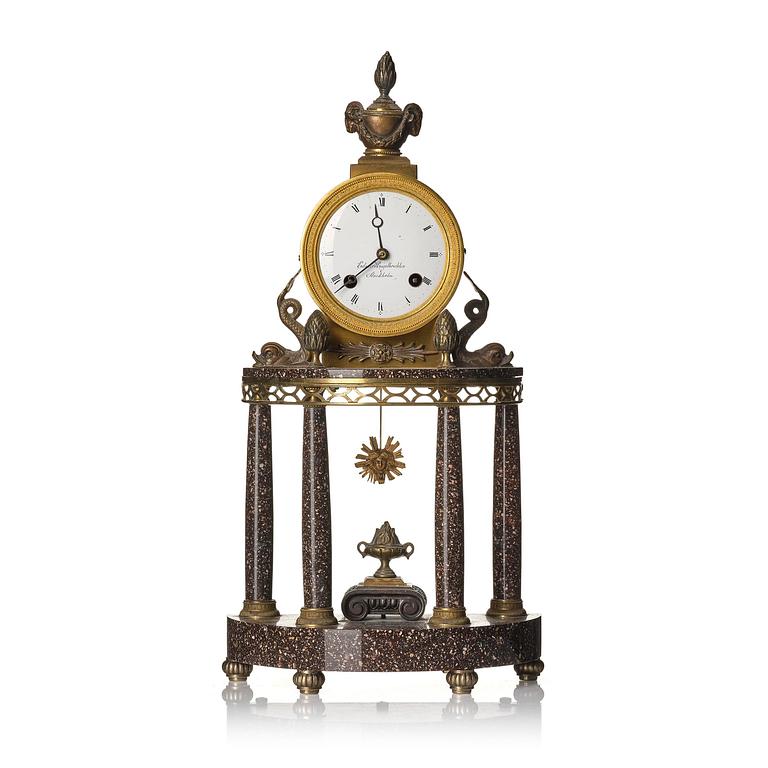 A late Gustavian ormolu and 'Blyberg' porphyry portico clock by E. Engelbrechten (watchmaker in Stockholm 1815-45).