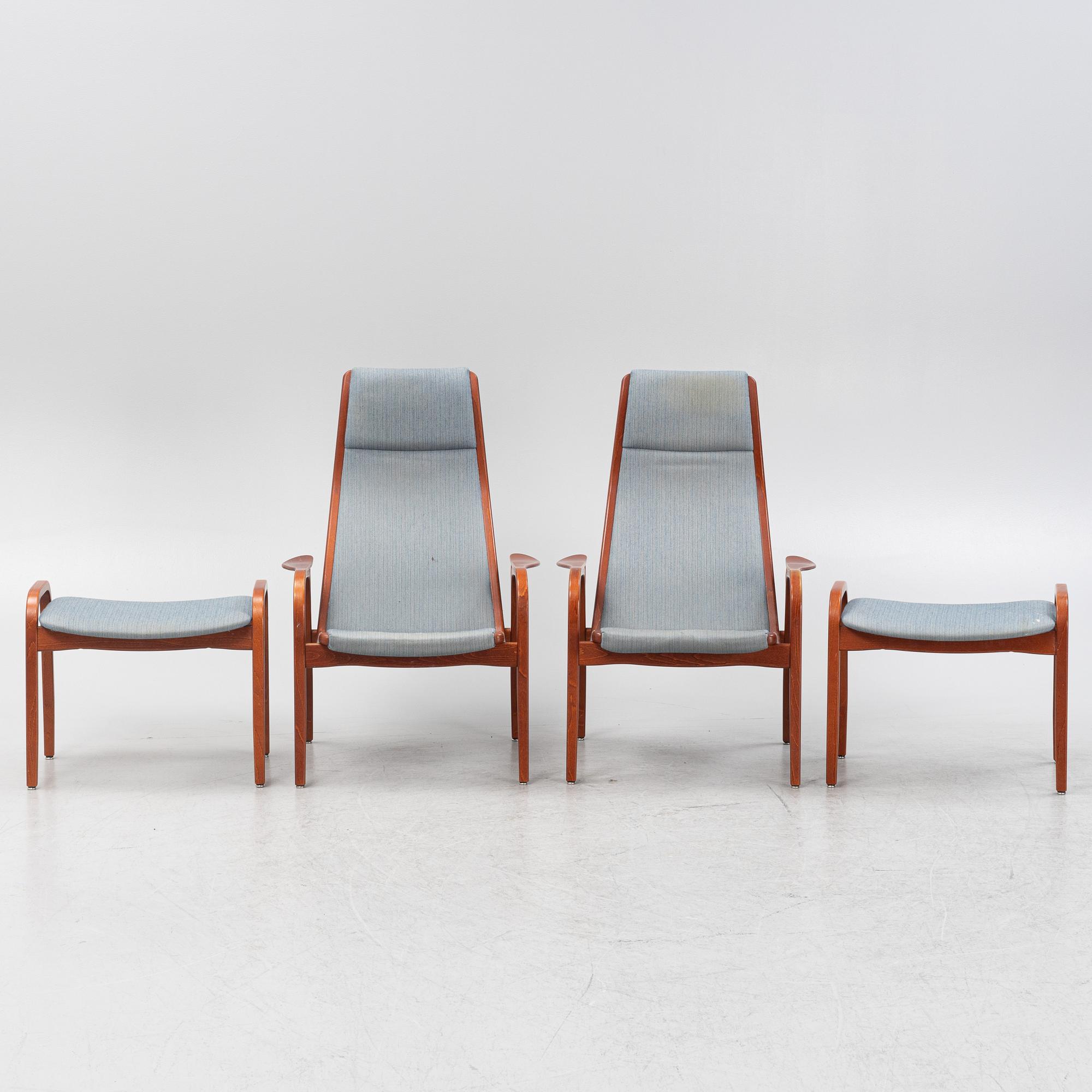 Yngve Ekström, fåtöljer, ett par, med fotpallar, "Lamino", Swedese.