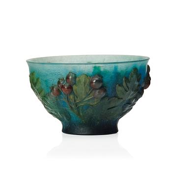 Amalric Walter & Henri Bergé, a pâte de verre bowl decorated with 'Sorbus intermeida' (latin), Nancy France 1920s.