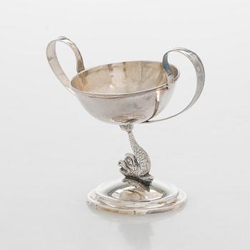 Saltkar, silver, C. I. Rindell 1810-37, och matskedar, 6 st, silver, A. Mörck, Björneborg 1800-talets första hälft.