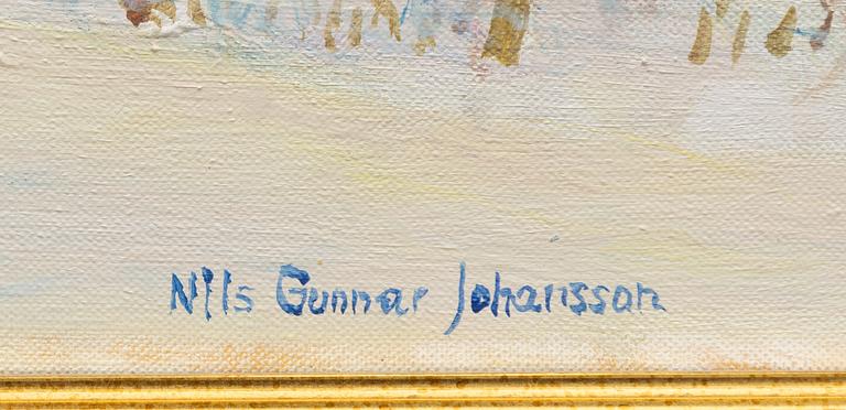 Nils Gunnar Johansson, Vinterlandskap med stugor vid fjäll.