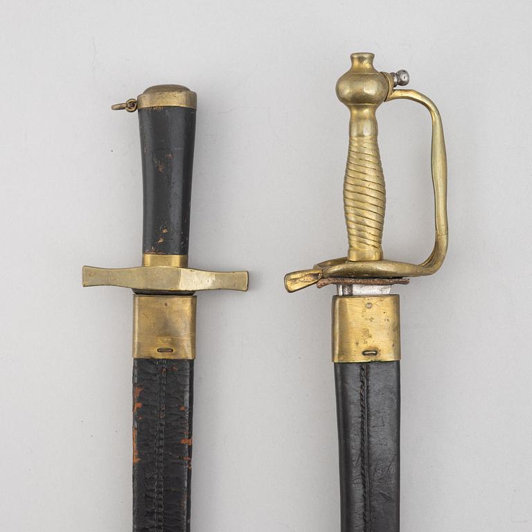 Two cutlasses, Swedish, m/1856 and m/1748-1856, with sheath.