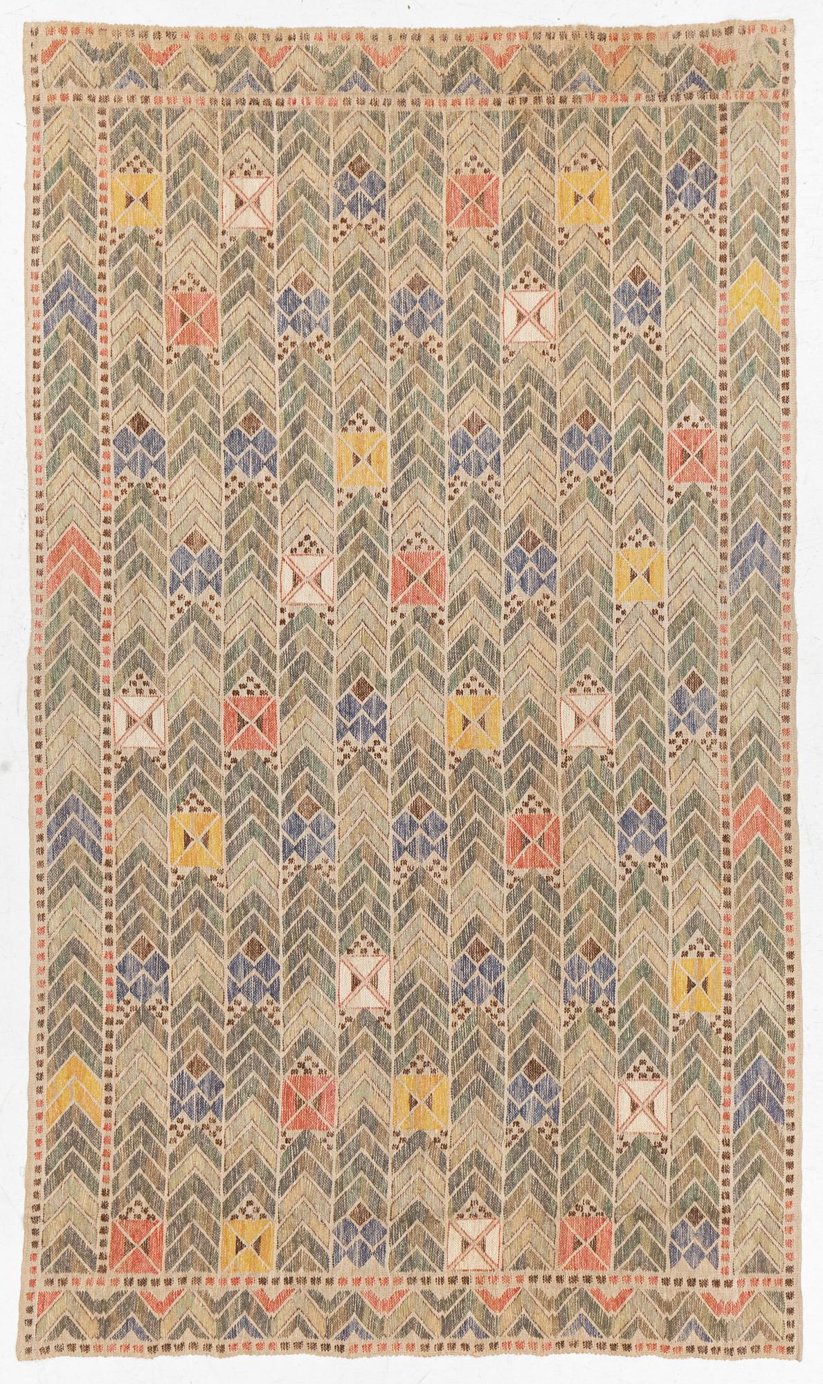 Märta Måås-Fjetterström, draperi, "Rågen", inplock på linnebotten, ca 250 x 148 cm.