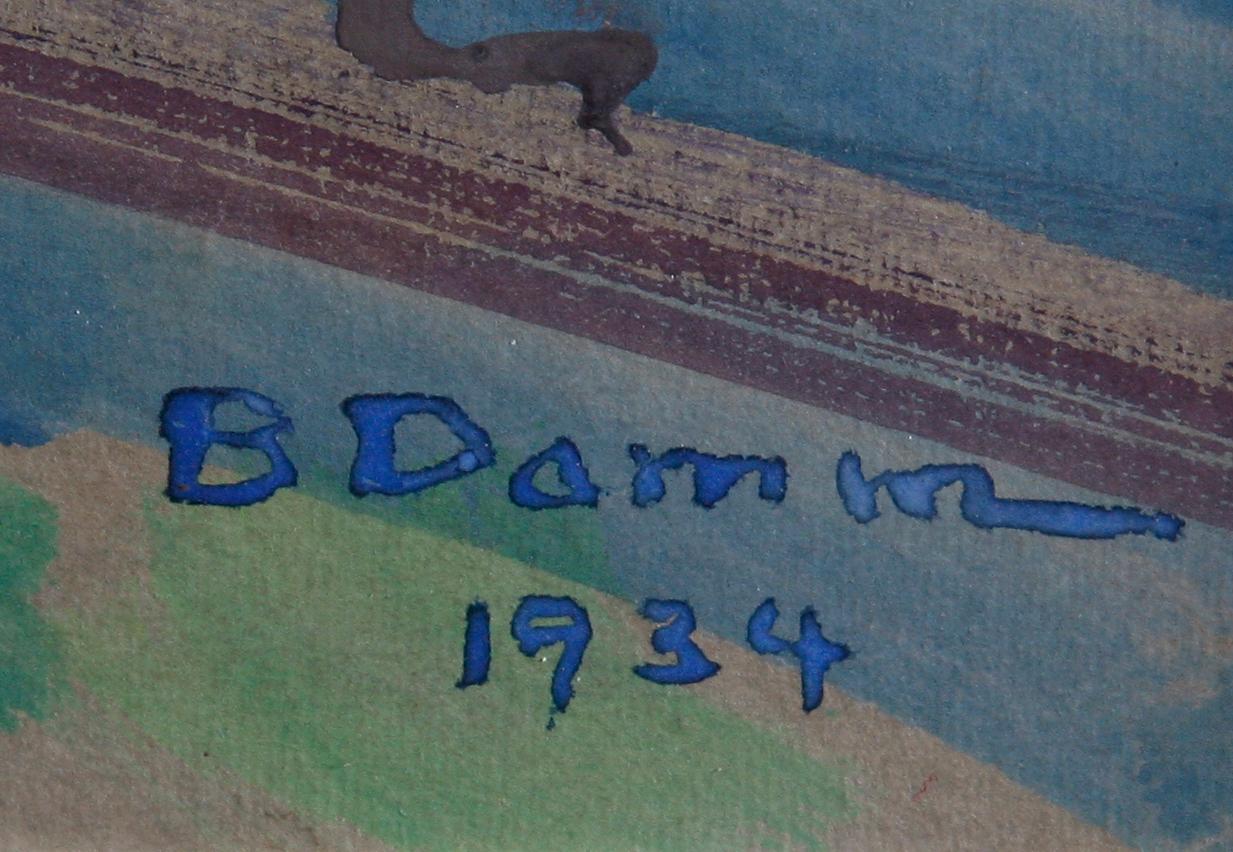 OKÄND KONSTNÄR, blandteknik på pappannå, sign B. Damm o dat 1934.
