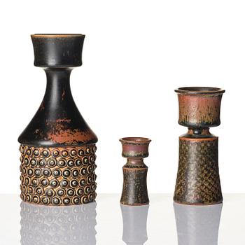 Stig Lindberg, vaser, 3 st, stengods, Gustavsbergs Studio 1965-67.