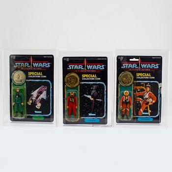 STAR WARS, Luke Skywalker (X-Wing Fighter Pilot), A-Wing Pilot & B-Wing Pilot AFA 85 NM+, POTF Kenner 1984.