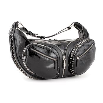 VERSACE, a black patented leather handbag.