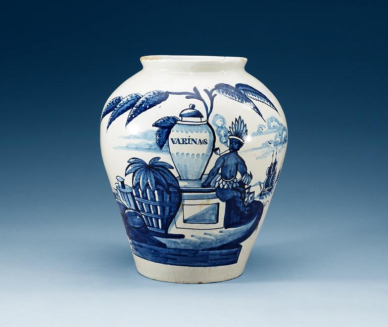 A Delft faience Varinas Tobacco jar, presumably 18th Century.