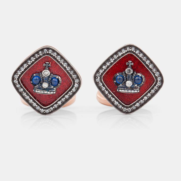 A pair of sapphire, rose-cut diamond and red enamel cufflinks.