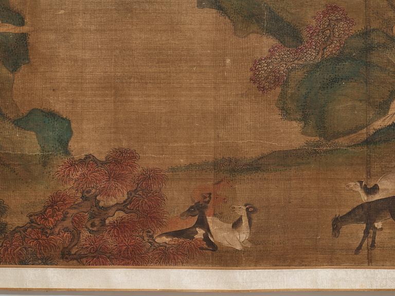 A long scroll painting after Zhao Yong (Zhao Zhongmu 1289-1369), ink and colour on paper and on silk, Qing dynasty.
