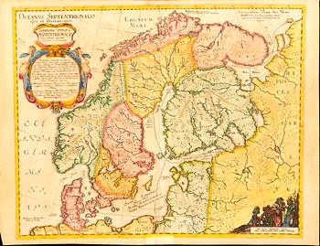 Caspar Dankwerth & J Meyer, map Scandinavia, handc colored copper engraving, Husum 1652.