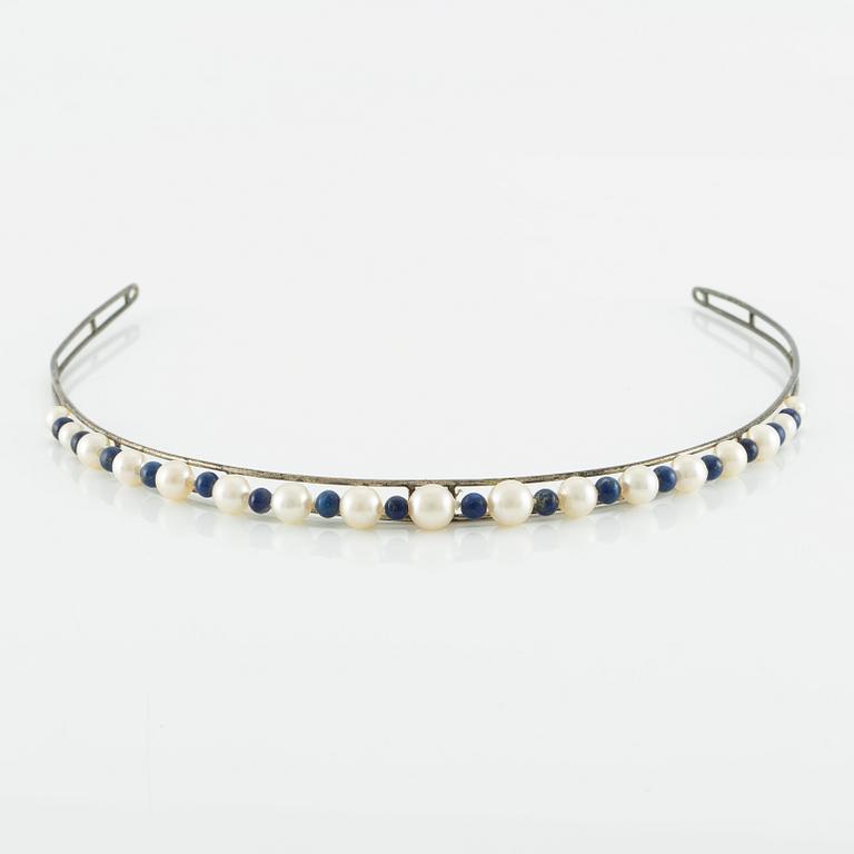 Diadem, Carlman, silver with cultured pearls and lapis lazuli.