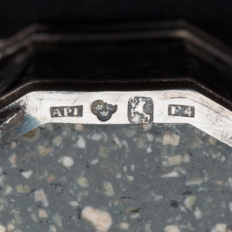 A Swedish Empire porphyry and silver salt by A. P. Lindström 1836.