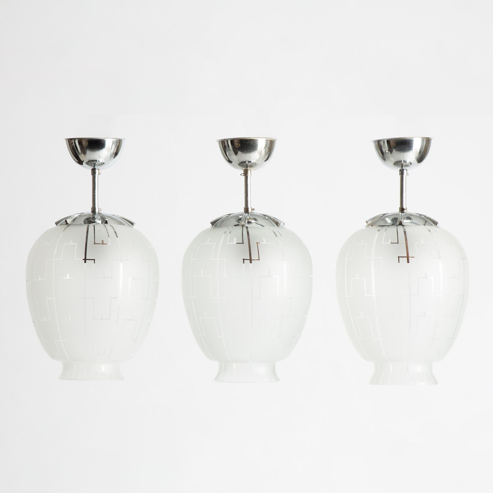 Three Swedish Modern ceiling lamps, possibly Flygsfors, 1940's/50's.