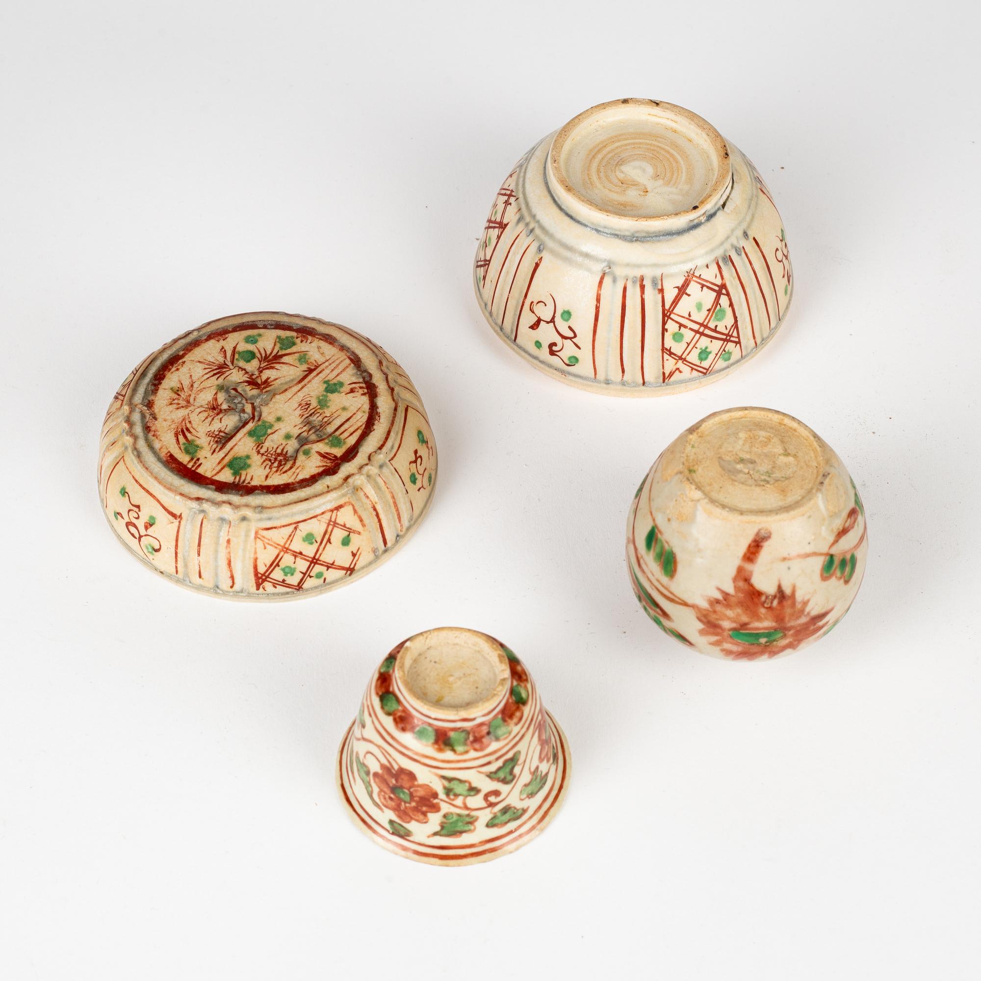 A jar with cover, a cup and a pot, for the South East Asian market, 14th/17th Century.