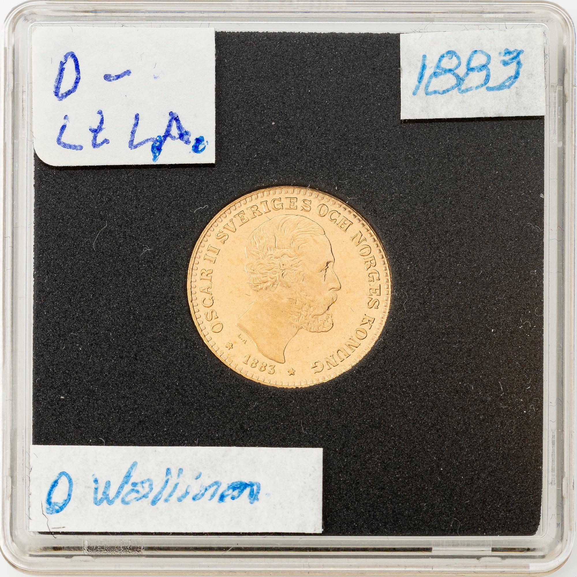 Gold coin, Oscar II, 10 kronor, type II, Sweden 1883.