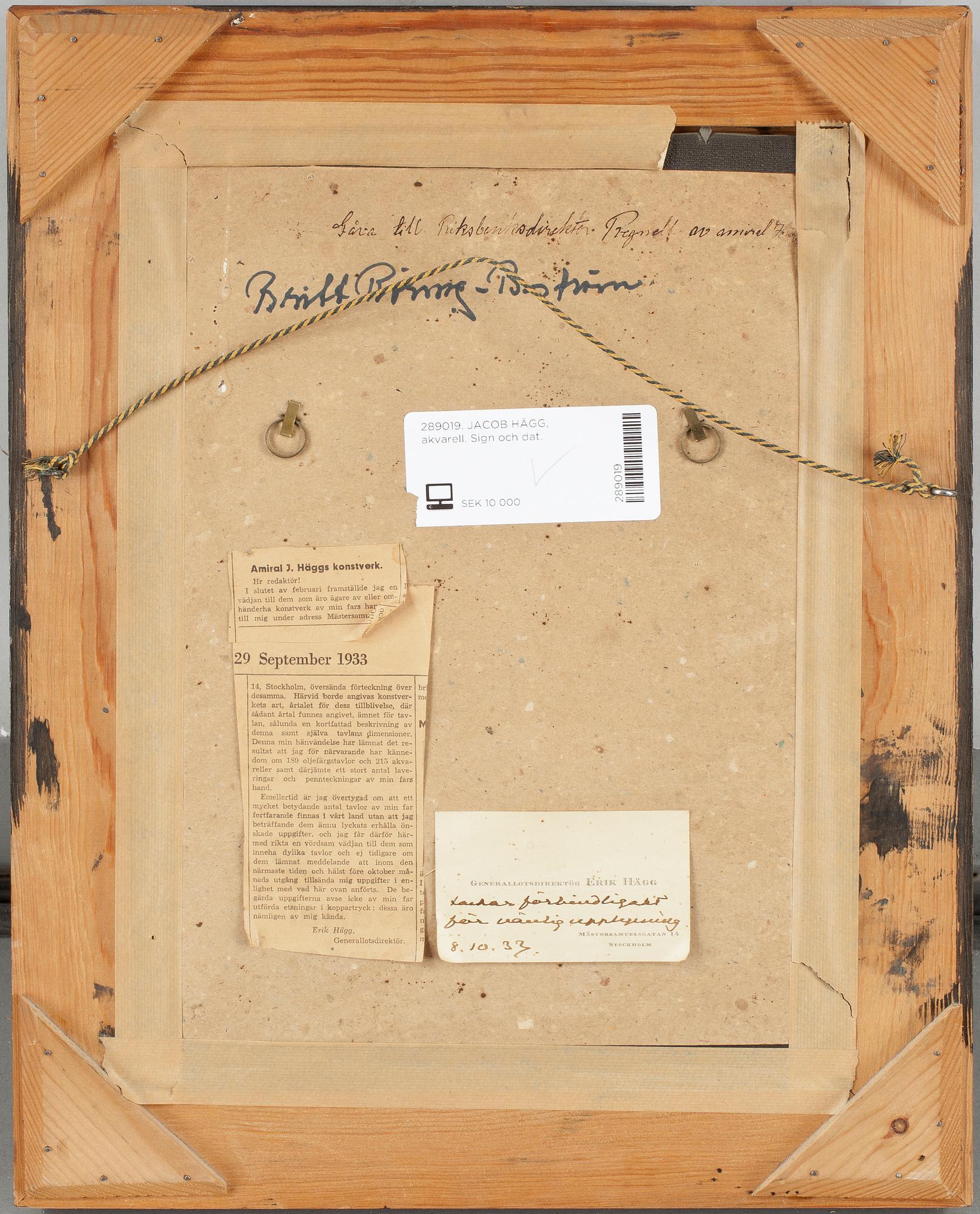 JACOB HÄGG, akvarell, sign och dat 1893.