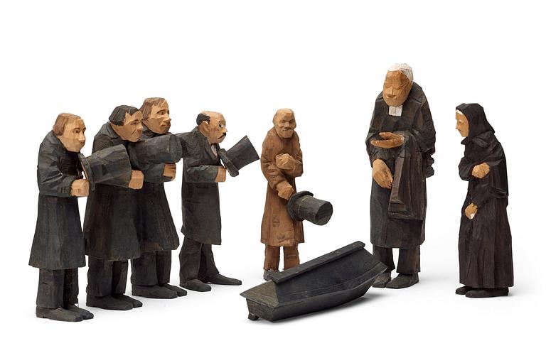 Axel Petersson Döderhultarn, AXEL PETERSSON DÖDERHULTARN, 8 pieces, sculptures, carved wood, signed with a rubber stamp, some are dated.